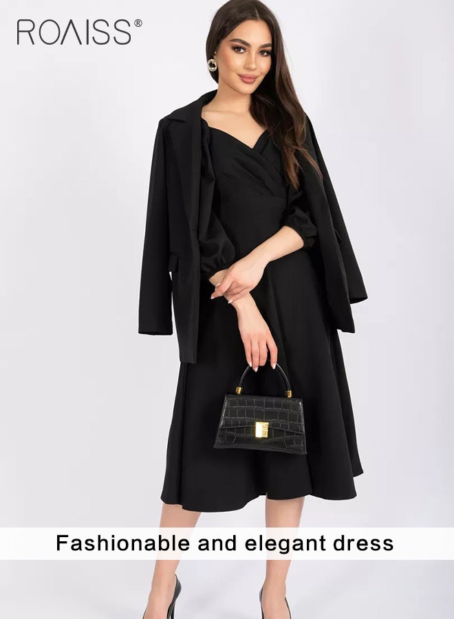 Elegant And Versatile Dress For Women Business Banquet Daily Commuting V-Neck Puff Sleeves A-Line Large Skirt Dress