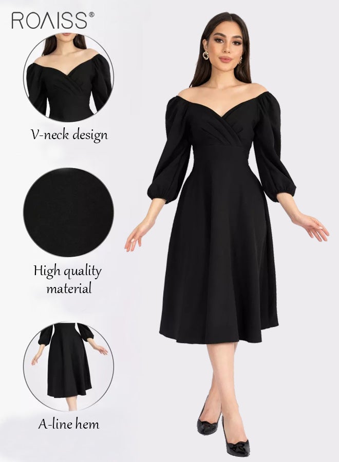 Elegant And Versatile Dress For Women Business Banquet Daily Commuting V-Neck Puff Sleeves A-Line Large Skirt Dress