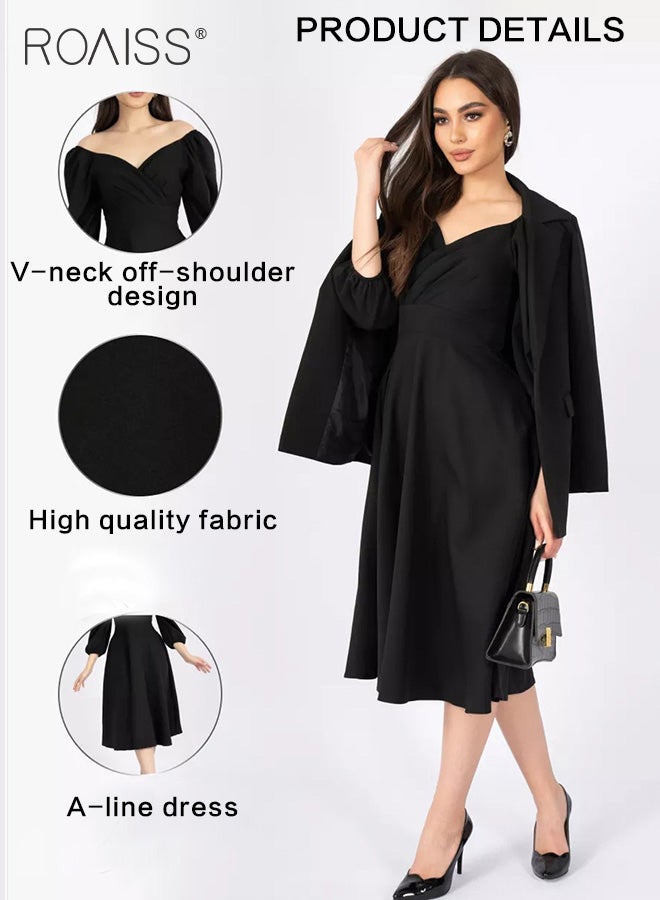 Elegant And Versatile Dress For Women Business Banquet Daily Commuting V-Neck Puff Sleeves A-Line Large Skirt Dress