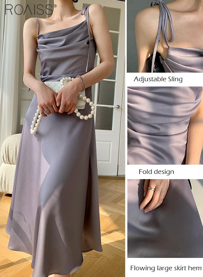 Fashionable Satin Suspender Dress For Women'S Daily Commuting Vacation Chest Pleated Large Skirt Adjustable Shoulder Strap Dress