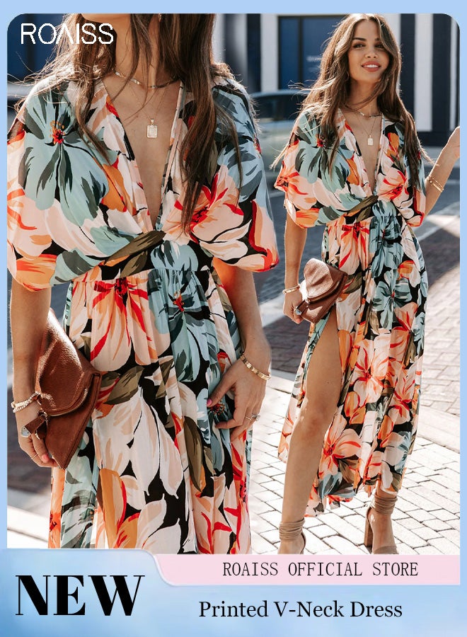 Fashion Printed Chiffon Dress Women'S Daily Commuting Vacation V-Neck Short-Sleeved Dress Side Slit High Waist Dress