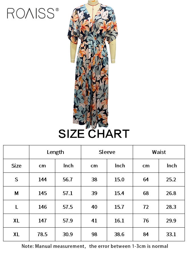 Fashion Printed Chiffon Dress Women'S Daily Commuting Vacation V-Neck Short-Sleeved Dress Side Slit High Waist Dress