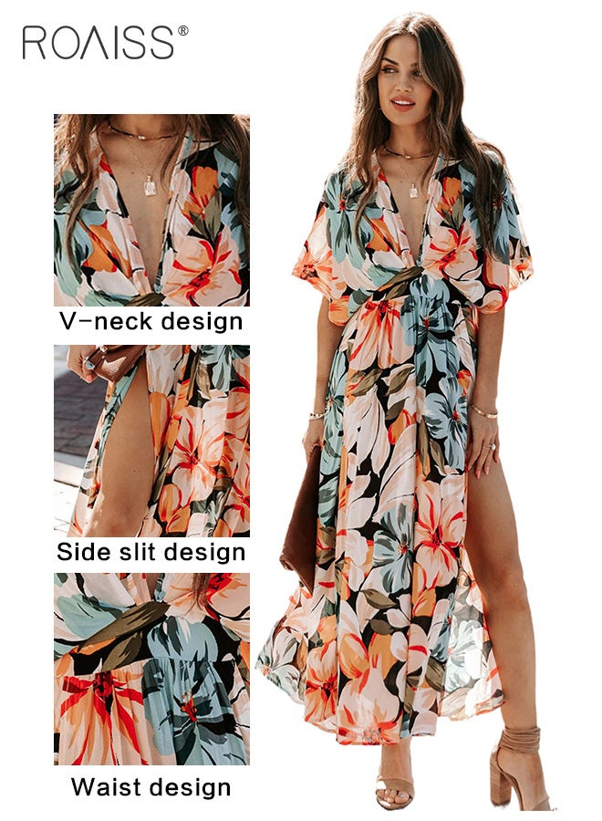 Fashion Printed Chiffon Dress Women'S Daily Commuting Vacation V-Neck Short-Sleeved Dress Side Slit High Waist Dress