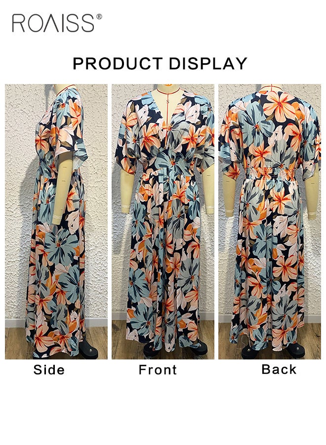 Fashion Printed Chiffon Dress Women'S Daily Commuting Vacation V-Neck Short-Sleeved Dress Side Slit High Waist Dress