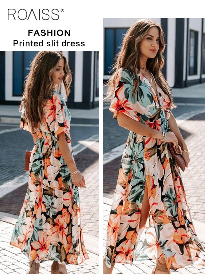 Fashion Printed Chiffon Dress Women'S Daily Commuting Vacation V-Neck Short-Sleeved Dress Side Slit High Waist Dress