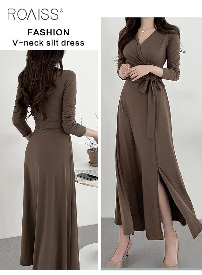 Elegant Tight Dress For Women Fashionable And Versatile For Daily Commuting V-Neck Long-Sleeve Waist Strappy Side Slit Dress