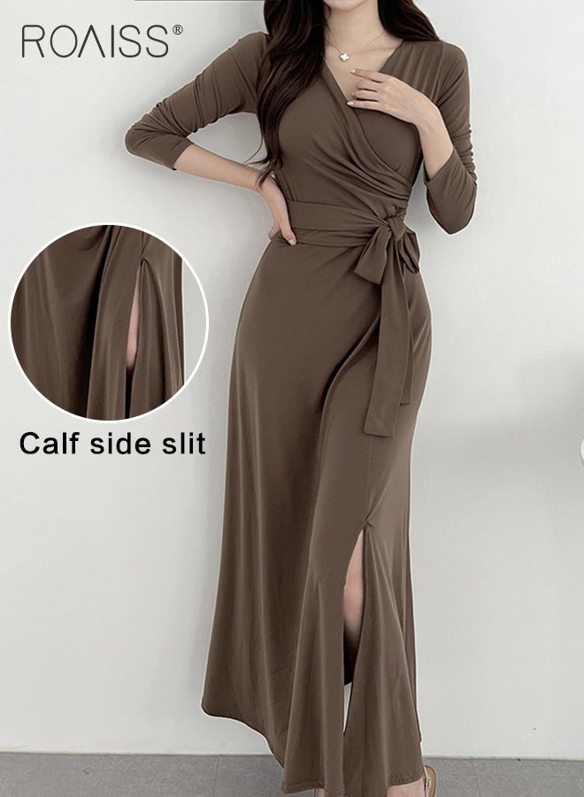 Elegant Tight Dress For Women Fashionable And Versatile For Daily Commuting V-Neck Long-Sleeve Waist Strappy Side Slit Dress