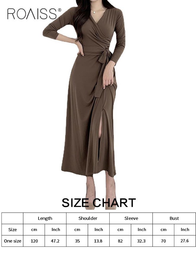 Elegant Tight Dress For Women Fashionable And Versatile For Daily Commuting V-Neck Long-Sleeve Waist Strappy Side Slit Dress