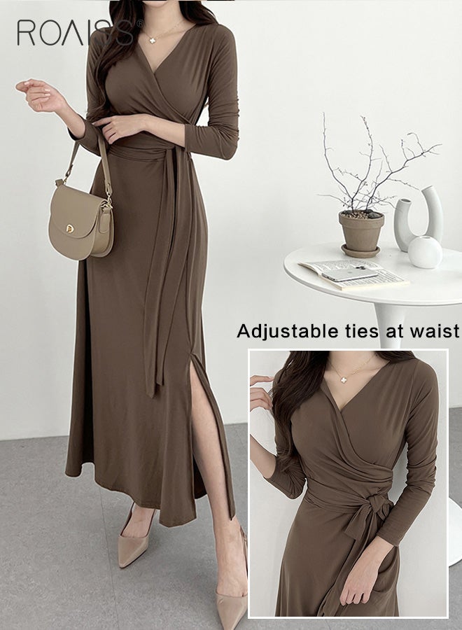 Elegant Tight Dress For Women Fashionable And Versatile For Daily Commuting V-Neck Long-Sleeve Waist Strappy Side Slit Dress