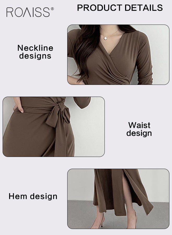 Elegant Tight Dress For Women Fashionable And Versatile For Daily Commuting V-Neck Long-Sleeve Waist Strappy Side Slit Dress