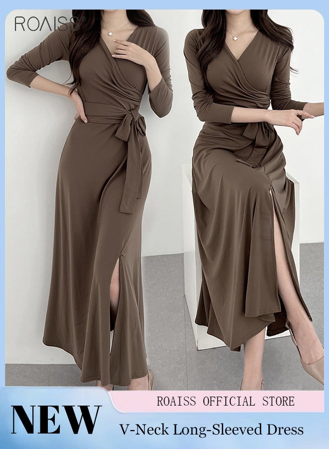 Elegant Tight Dress For Women Fashionable And Versatile For Daily Commuting V-Neck Long-Sleeve Waist Strappy Side Slit Dress