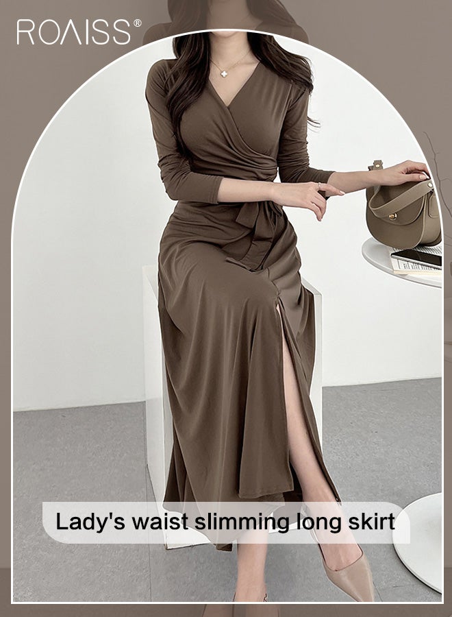 Elegant Tight Dress For Women Fashionable And Versatile For Daily Commuting V-Neck Long-Sleeve Waist Strappy Side Slit Dress