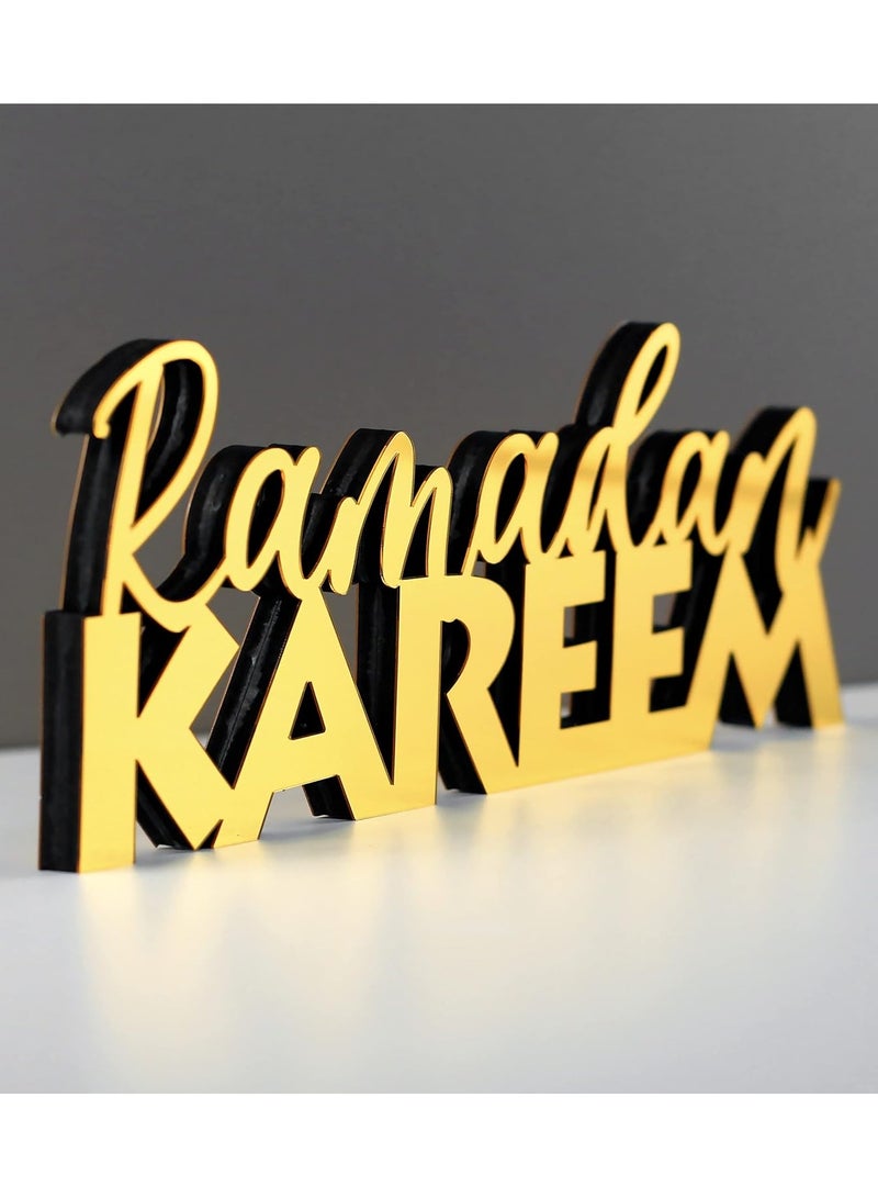 Wooden Acrylic Islamic Tabletop Decor, Elegant Ramadan Kareem Decorations Crafted from Thick Eco-Friendly MDF with a Shiny Acrylic Layer for a Stunning Mirror Effect in Gold.