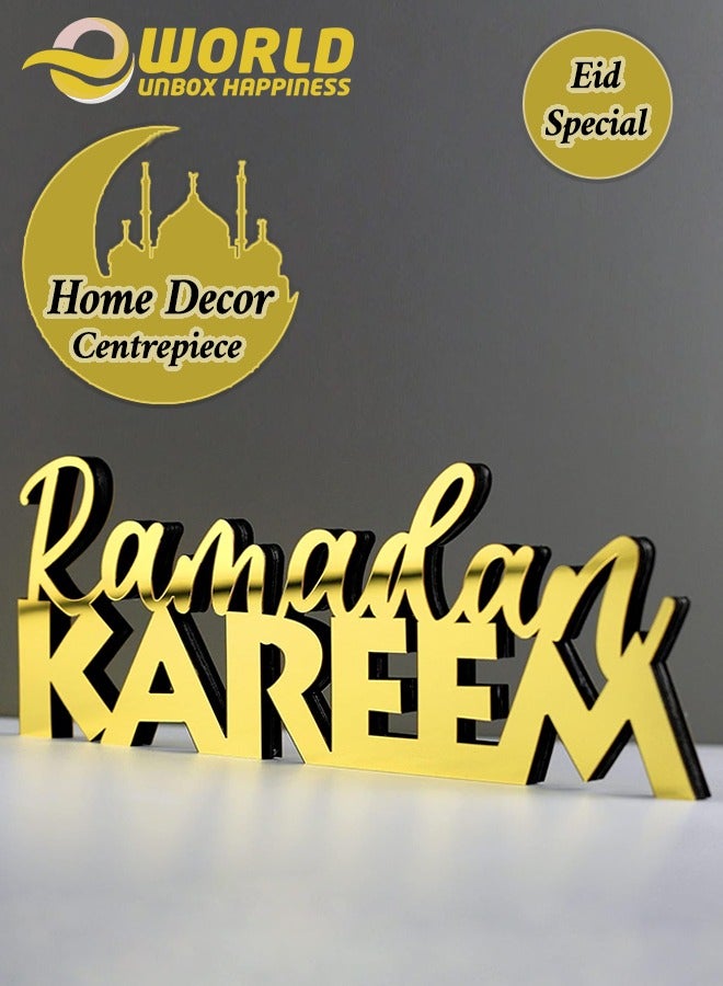 Wooden Acrylic Islamic Tabletop Decor, Elegant Ramadan Kareem Decorations Crafted from Thick Eco-Friendly MDF with a Shiny Acrylic Layer for a Stunning Mirror Effect in Gold.