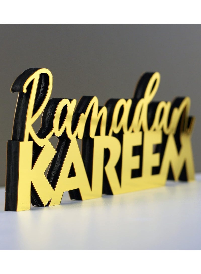 Wooden Acrylic Islamic Tabletop Decor, Elegant Ramadan Kareem Decorations Crafted from Thick Eco-Friendly MDF with a Shiny Acrylic Layer for a Stunning Mirror Effect in Gold.