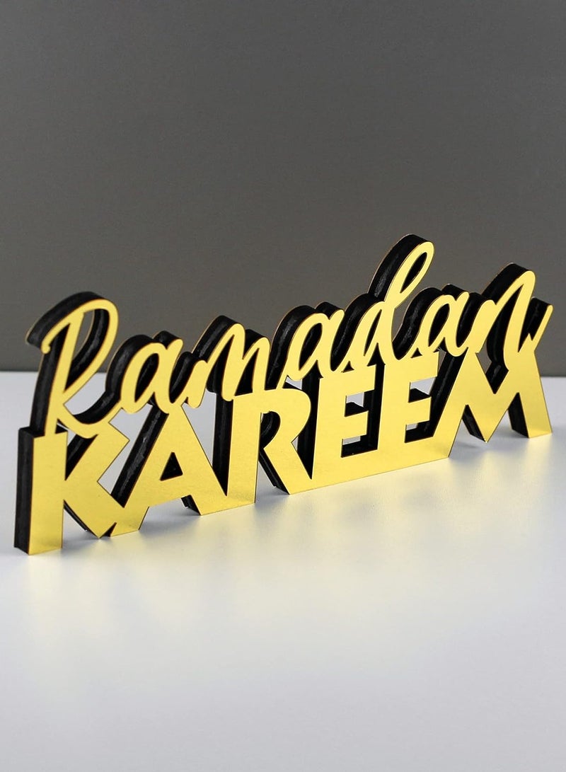 Wooden Acrylic Islamic Tabletop Decor, Elegant Ramadan Kareem Decorations Crafted from Thick Eco-Friendly MDF with a Shiny Acrylic Layer for a Stunning Mirror Effect in Gold.