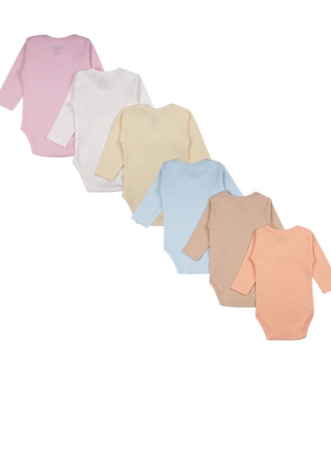 100% Super Combed Cotton, Long Sleeves Romper/Bodysuit, For New Born To 24Months, Set Of 6 - Blue, Orange, Brown, Pink, Lemon, White