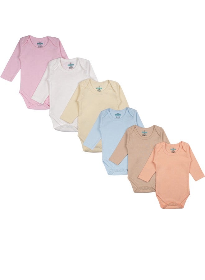 100% Super Combed Cotton, Long Sleeves Romper/Bodysuit, For New Born To 24Months, Set Of 6 - Blue, Orange, Brown, Pink, Lemon, White