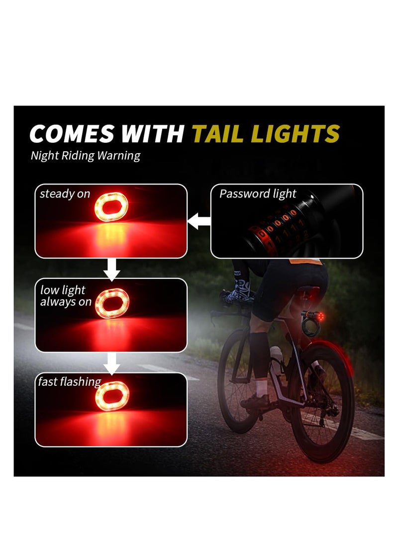 Bike Lock Cable Integrated Rear Bike Light, Digital Combination Lock 4 feet with Mounting Bracket for Bicycles Motorcycle Scooters, High Password Security, PVC Material (Black, 1 Pack)