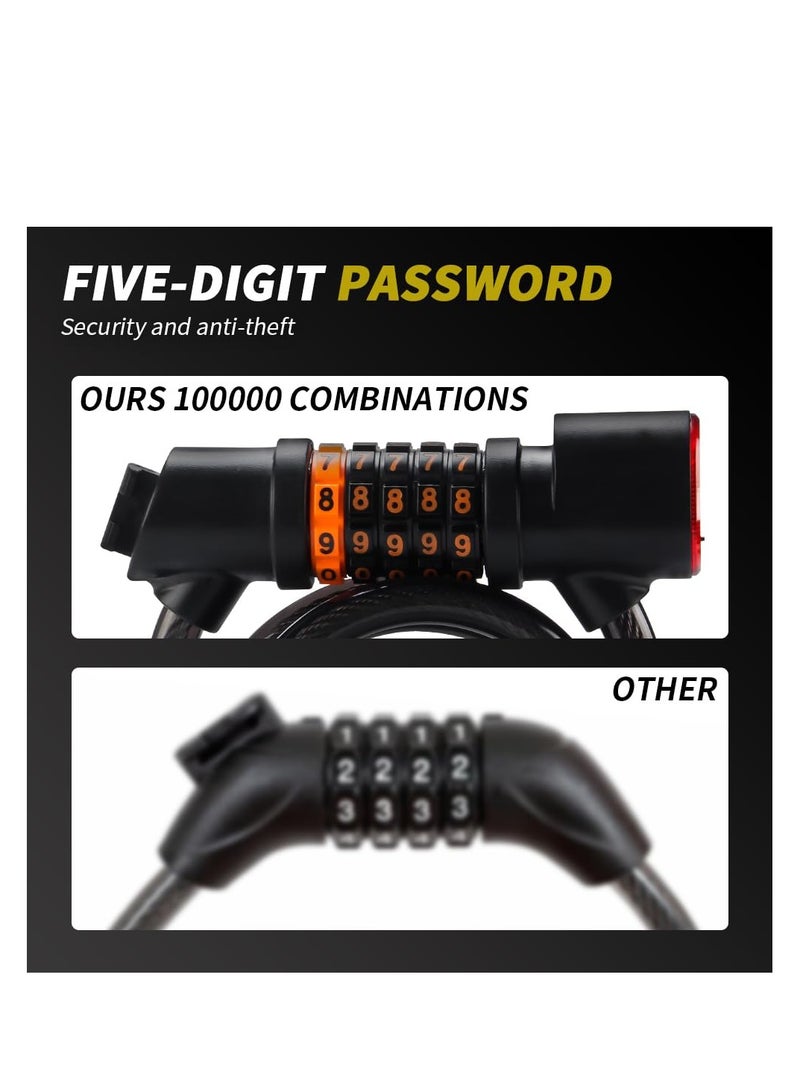 Bike Lock Cable Integrated Rear Bike Light, Digital Combination Lock 4 feet with Mounting Bracket for Bicycles Motorcycle Scooters, High Password Security, PVC Material (Black, 1 Pack)