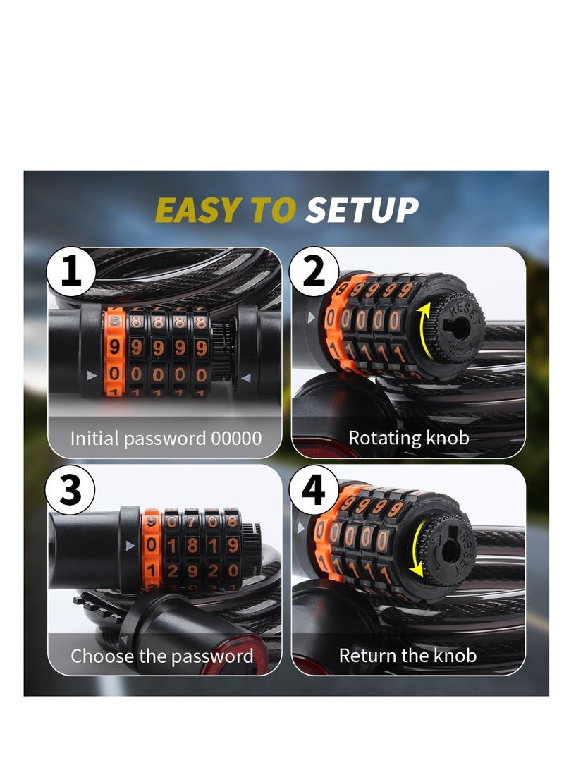 Bike Lock Cable Integrated Rear Bike Light, Digital Combination Lock 4 feet with Mounting Bracket for Bicycles Motorcycle Scooters, High Password Security, PVC Material (Black, 1 Pack)