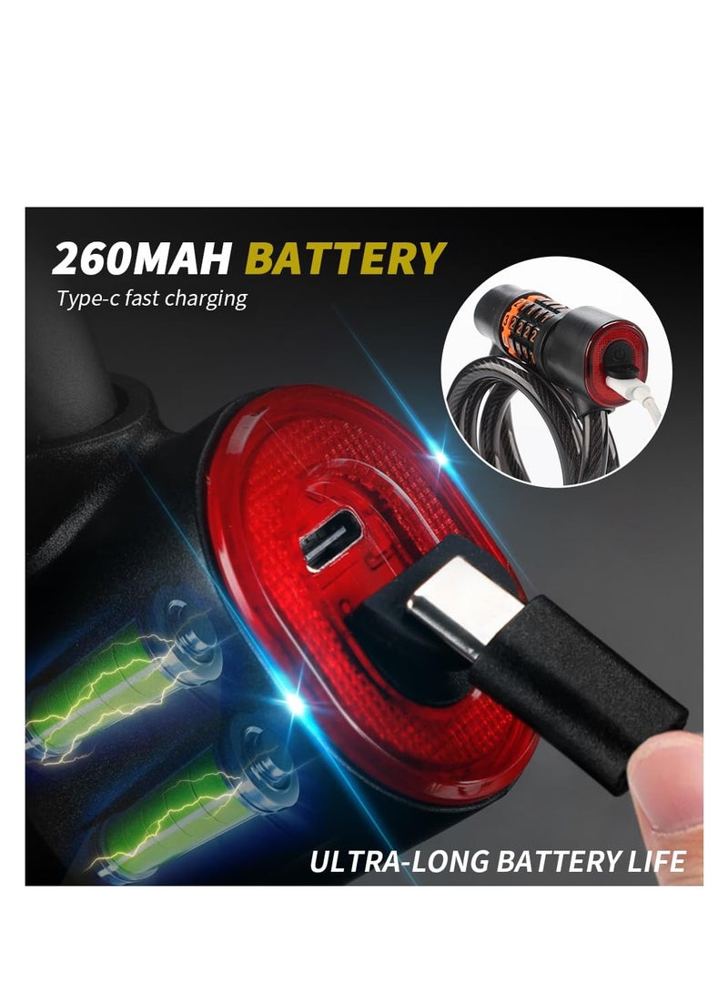 Bike Lock Cable Integrated Rear Bike Light, Digital Combination Lock 4 feet with Mounting Bracket for Bicycles Motorcycle Scooters, High Password Security, PVC Material (Black, 1 Pack)
