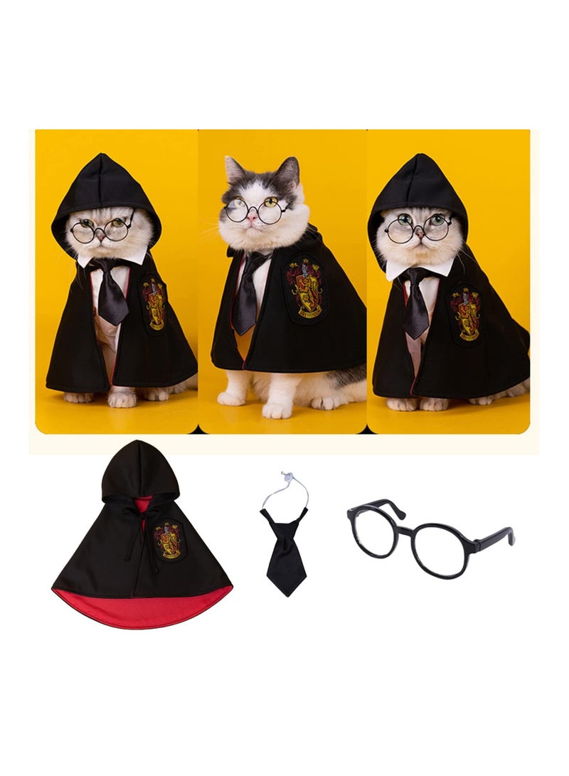 Pet Costume Harry Potter Witchcraft Style, Dog Cat Cute Halloween Costumes Cape Cosplay Costume Set, Wizard Pet Clothes Apparel with Glasses (Medium Size)