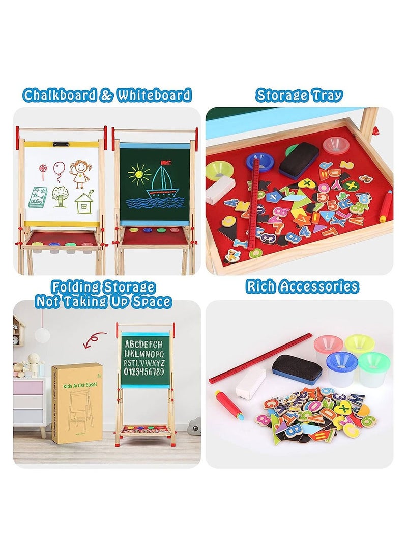 Kids Wooden Art Easel Double Sided Whiteboard and Chalkboard Adjustable Standing Easel Painting Drawing Board