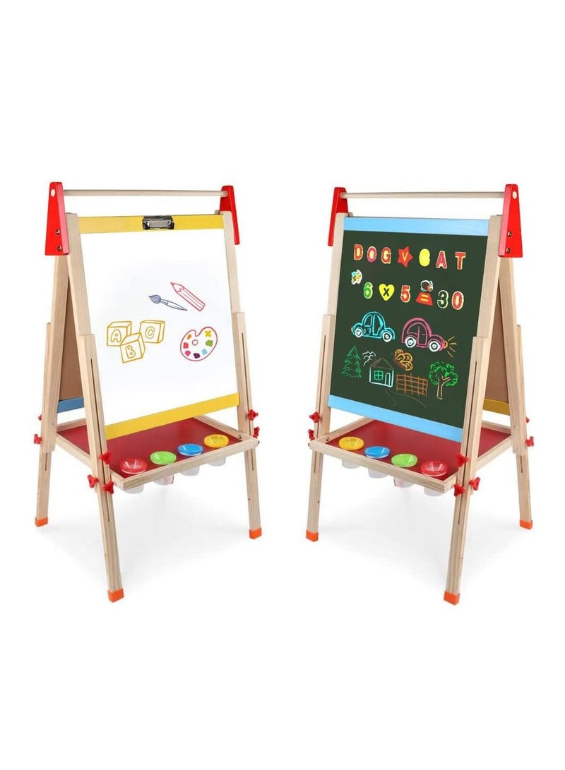 Kids Wooden Art Easel Double Sided Whiteboard and Chalkboard Adjustable Standing Easel Painting Drawing Board