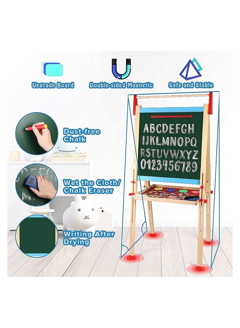 Kids Wooden Art Easel Double Sided Whiteboard and Chalkboard Adjustable Standing Easel Painting Drawing Board