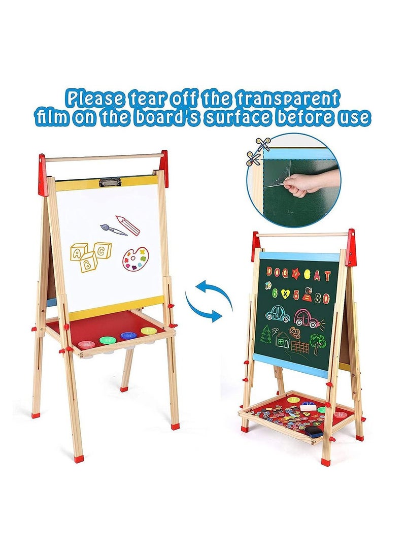 Kids Wooden Art Easel Double Sided Whiteboard and Chalkboard Adjustable Standing Easel Painting Drawing Board