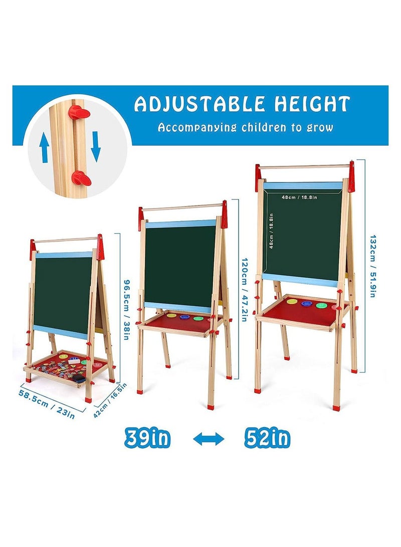 Kids Wooden Art Easel Double Sided Whiteboard and Chalkboard Adjustable Standing Easel Painting Drawing Board