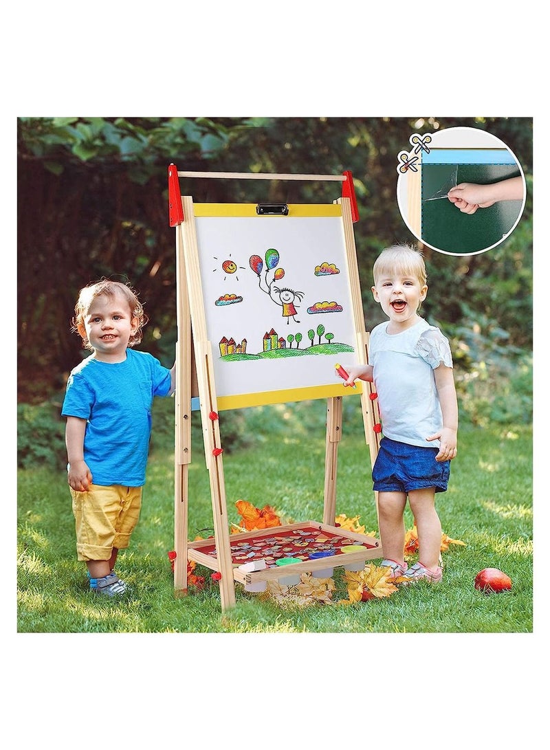 Kids Wooden Art Easel Double Sided Whiteboard and Chalkboard Adjustable Standing Easel Painting Drawing Board