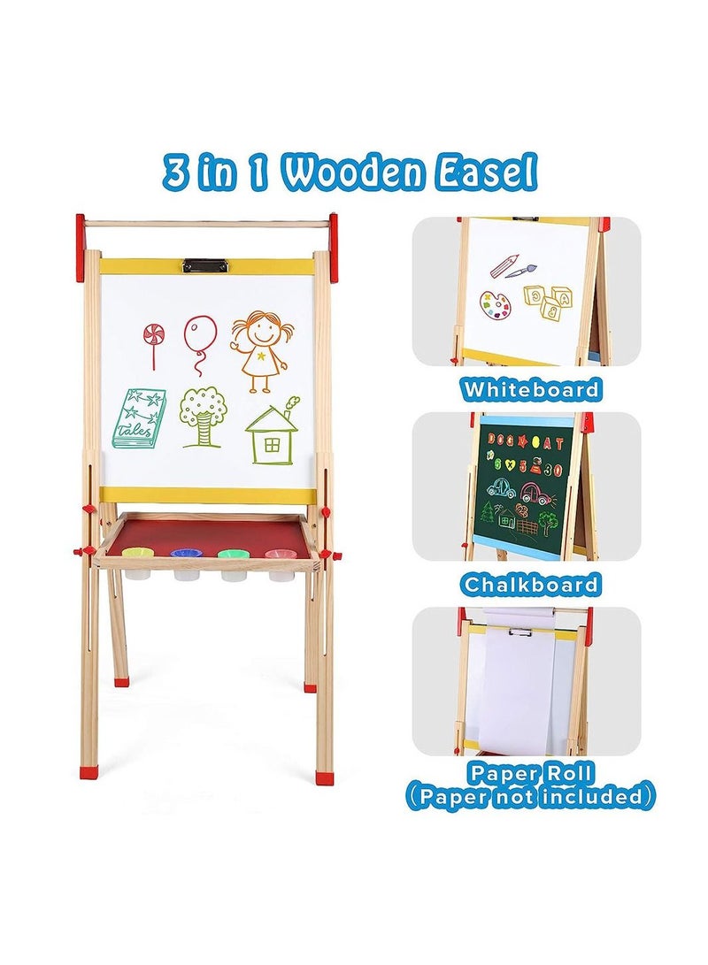 Kids Wooden Art Easel Double Sided Whiteboard and Chalkboard Adjustable Standing Easel Painting Drawing Board