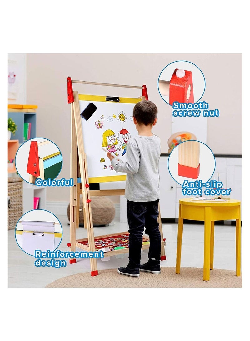 Kids Wooden Art Easel Double Sided Whiteboard and Chalkboard Adjustable Standing Easel Painting Drawing Board