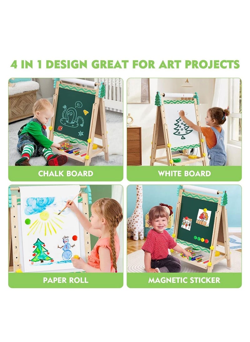 Kids Easel with Paper Roll Wooden Art Easel with Chalkboard White Board Painting Accessories Storage Tray Double Sided Board Height Adjustable