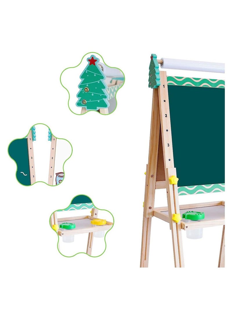 Kids Easel with Paper Roll Wooden Art Easel with Chalkboard White Board Painting Accessories Storage Tray Double Sided Board Height Adjustable