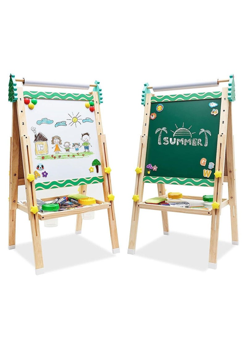 Kids Easel with Paper Roll Wooden Art Easel with Chalkboard White Board Painting Accessories Storage Tray Double Sided Board Height Adjustable