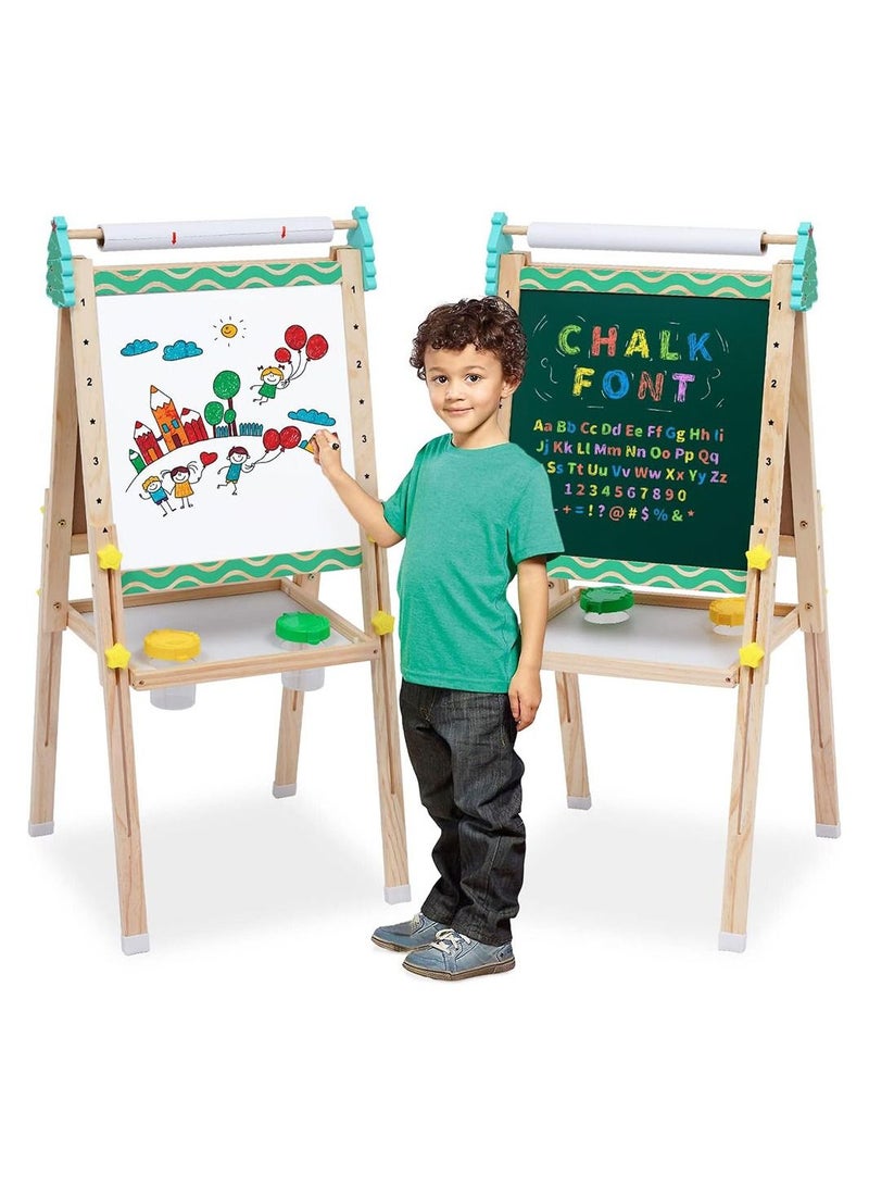 Kids Easel with Paper Roll Wooden Art Easel with Chalkboard White Board Painting Accessories Storage Tray Double Sided Board Height Adjustable