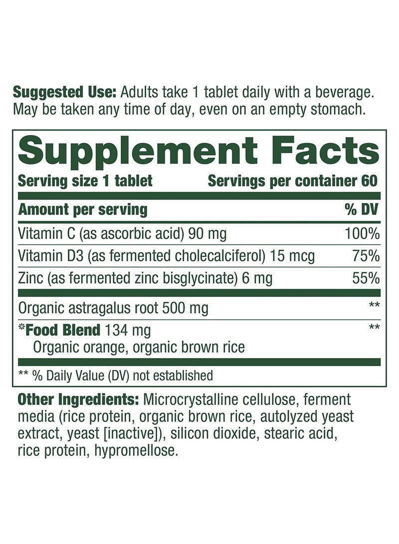 Daily Immune Support with Vitamins C & D3, Zinc & Astragalus Root Dietary Supplement - 60 Tablets / 60 Servings