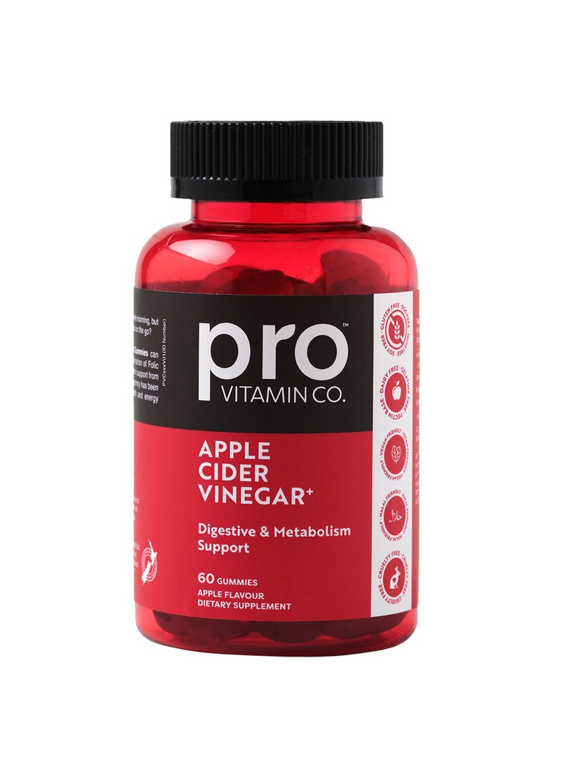 Pro Vitamin Co Apple Cider Vinegar+ Gummy Vitamins - Digestive & Metabolism Support, Halal, Vegan Friendly, Gluten Free, Pomegranate, Betroot, Folic Acid, Vitamin B12 - 1 Pack 60 Gummies