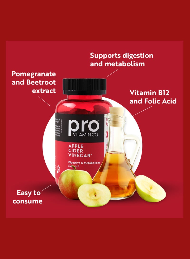 Pro Vitamin Co Apple Cider Vinegar+ Gummy Vitamins - Digestive & Metabolism Support, Halal, Vegan Friendly, Gluten Free, Pomegranate, Betroot, Folic Acid, Vitamin B12 - 1 Pack 60 Gummies