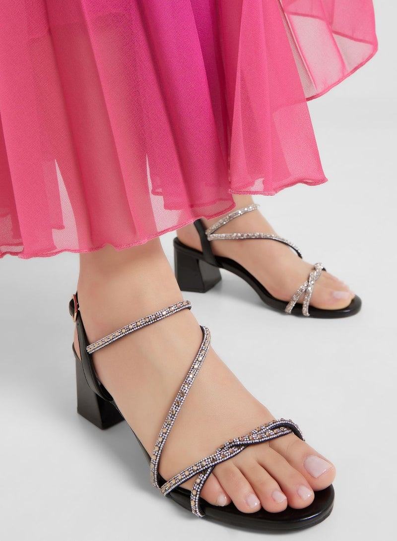 Block Heel Sandal With Diamante Trim