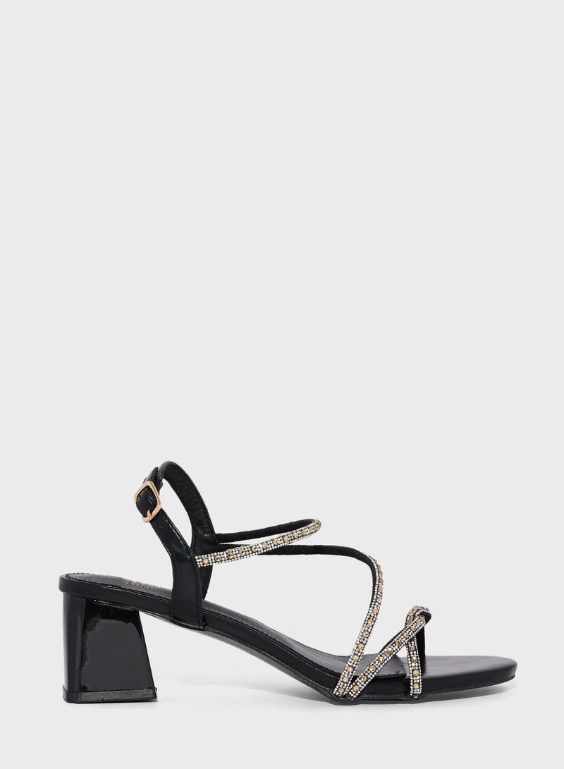 Block Heel Sandal With Diamante Trim