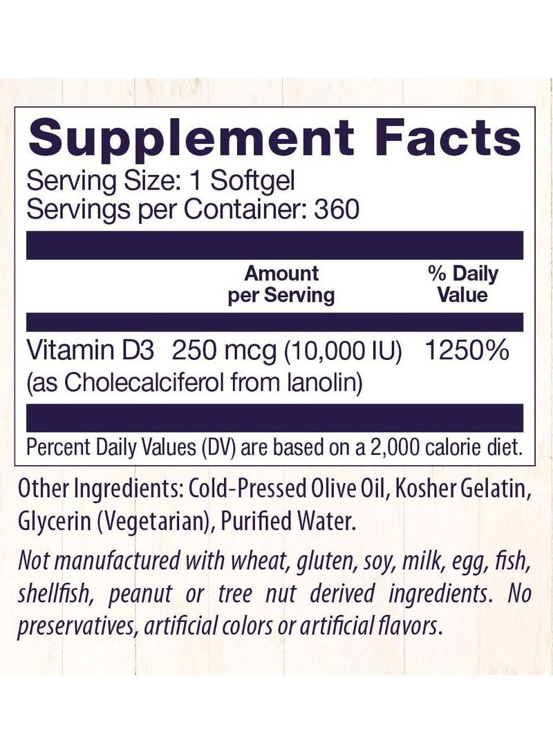 Vitamin D3 10,000 IU Supports Bone Health and Immune Function, NON GMO, 3RD Party Tested Dietary Supplement - 250 MCG 360 Softgels