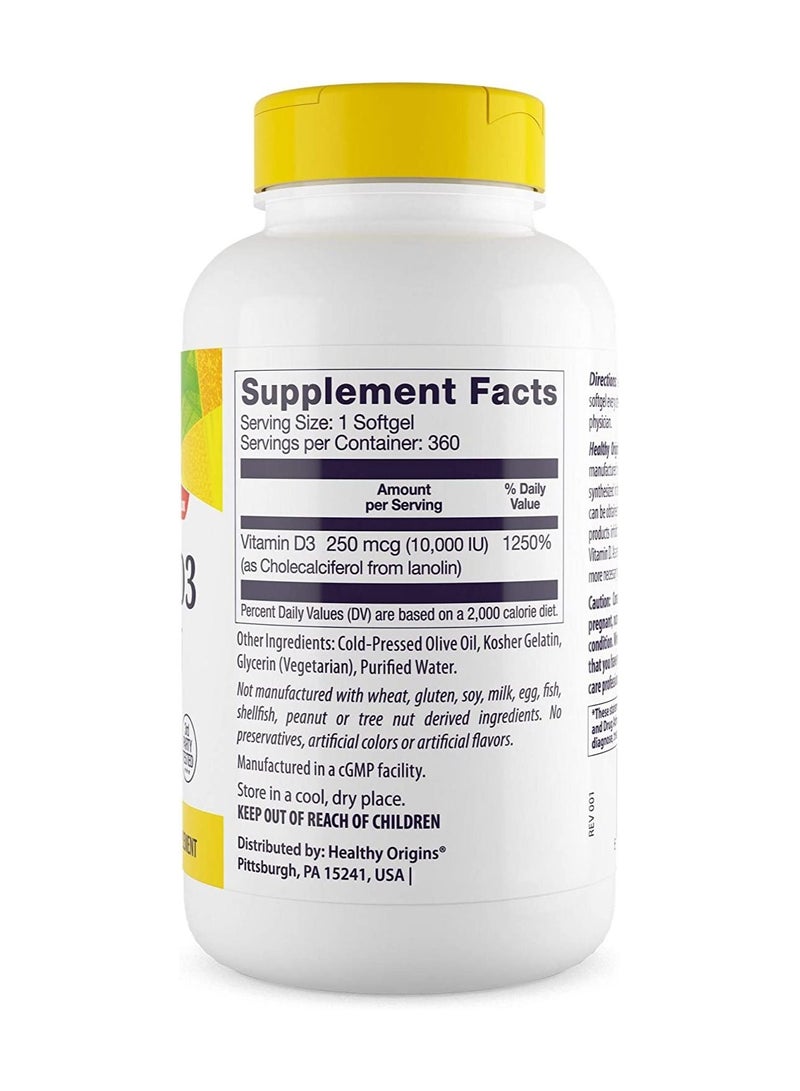 Vitamin D3 10,000 IU Supports Bone Health and Immune Function, NON GMO, 3RD Party Tested Dietary Supplement - 250 MCG 360 Softgels