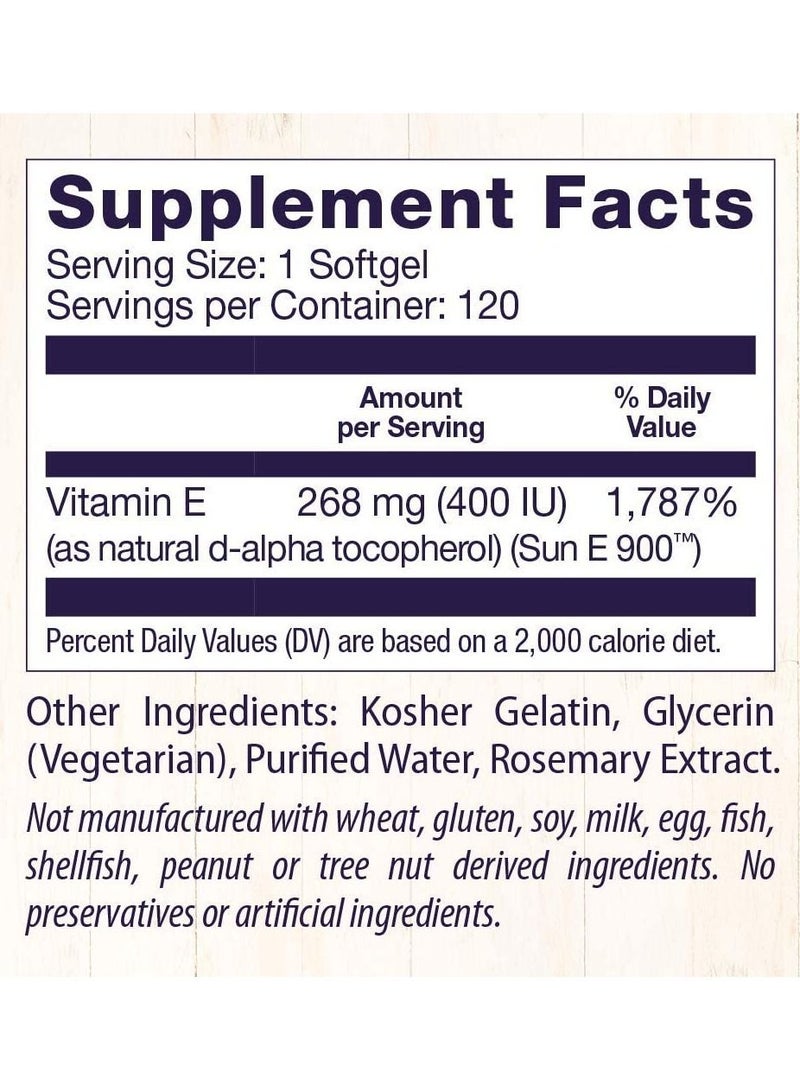 Vitamin E, 400 IU Sunflower (Sun E 900) - Vitamin E Supplement - Hair, Skin & Nails Vitamins - Non-GMO & Gluten-Free Supplement - 120 Softgels