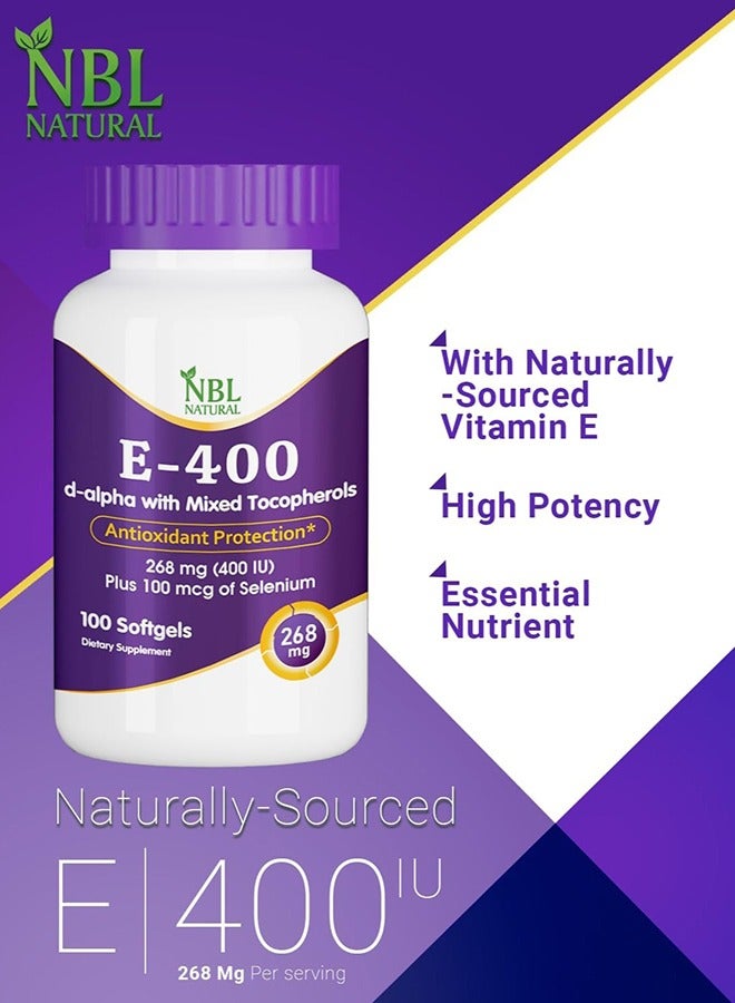 Vitamin E-400 Mixed Tocopherols & Selenium 100 Softgel, Supports Heart, Skin, Immune Health & Antioxidant Protection For Men And Women