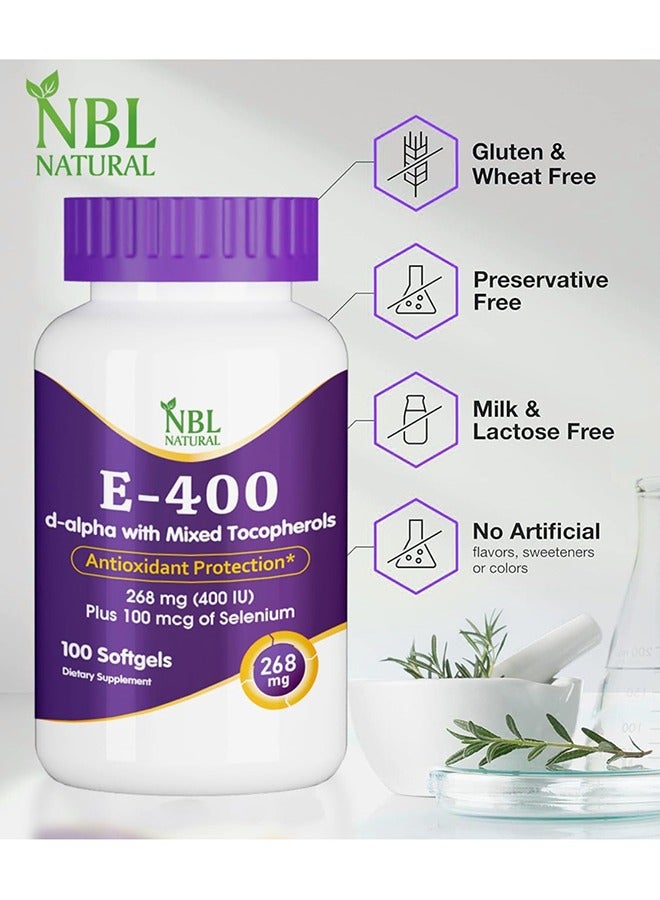 Vitamin E-400 Mixed Tocopherols & Selenium 100 Softgel, Supports Heart, Skin, Immune Health & Antioxidant Protection For Men And Women