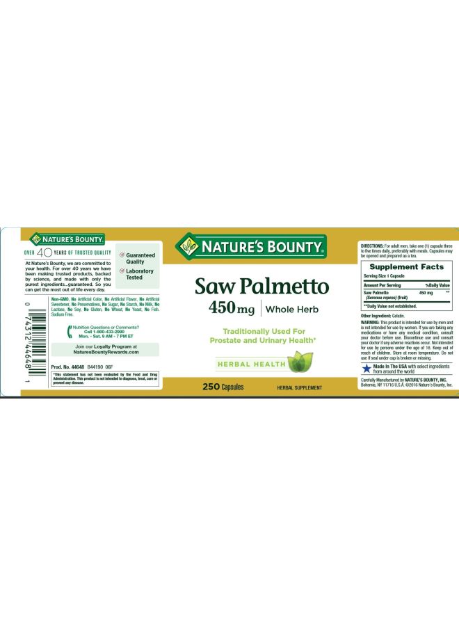 Saw Palmetto Herbal Supplement - 250 Capsules